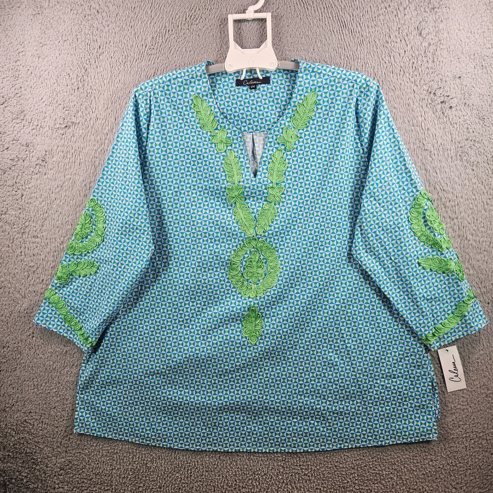 NEW Calessa Tunic Top Women 2X Geometric‎ Print Blue Green White
